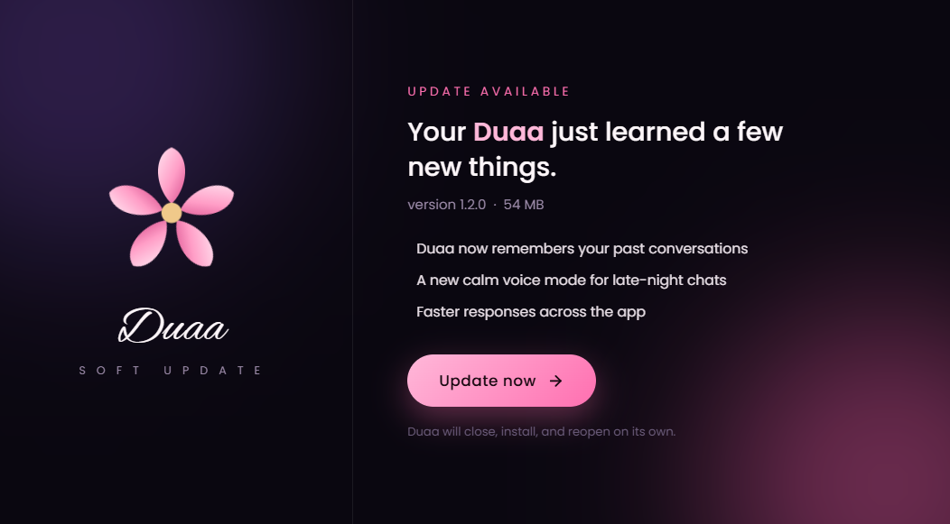Duaa AI Update Screen